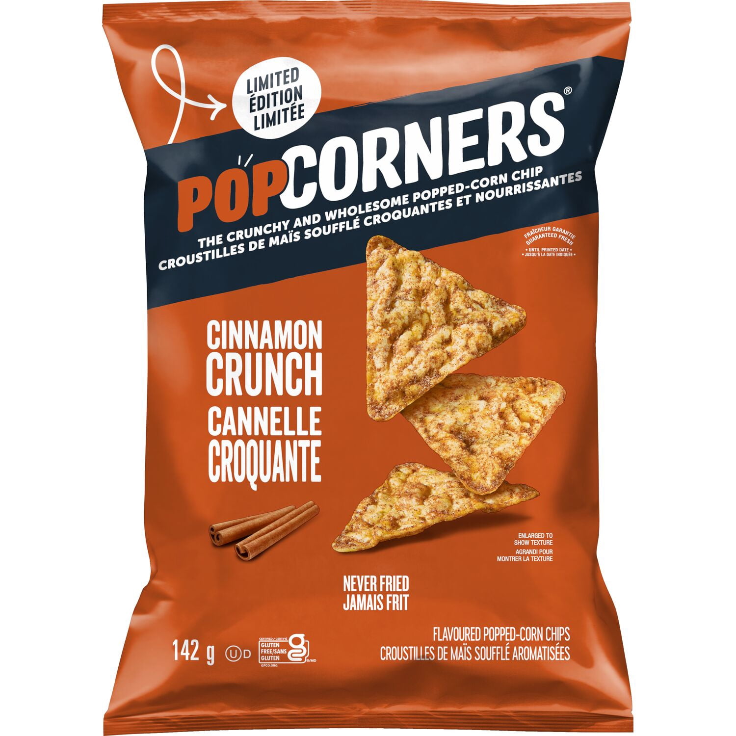 PopCorners croustilles de maïs soufflé aromatisées Cannelle croquante.