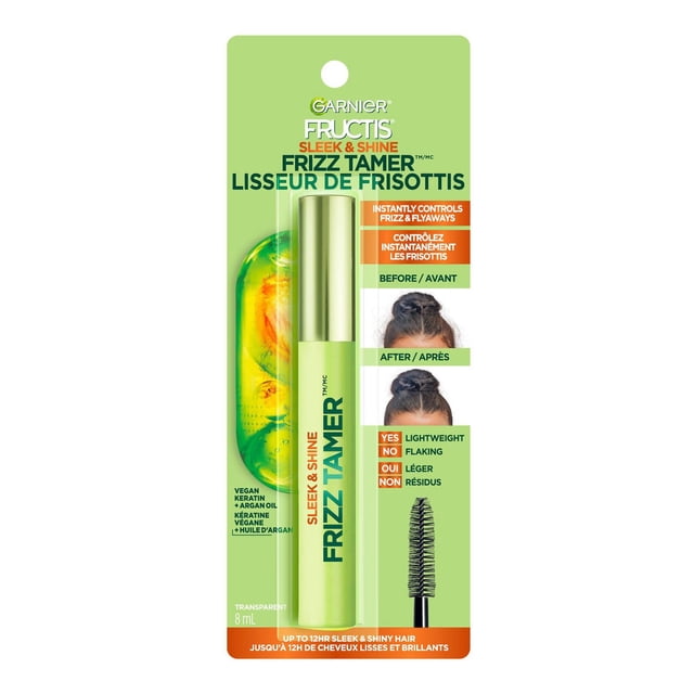 Garnier Fructis Sleek and Shine Frizz Tamer Styling Gel 8 mL in light green tube with gold cap and mascara wand applicator, a hair serum that instantly controls frizz, flyaways, and baby hairs. Infused with vegan keratin and argan oil, it delivers up to 12 hours of sleek, shiny hair without greasiness or stiffness, featuring bilingual English and French packaging.