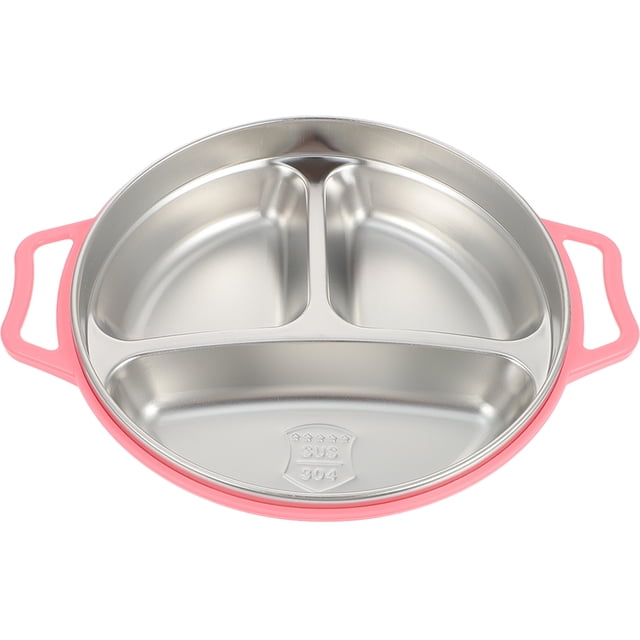 KAKOWELY Assiette pour Enfants Assiette de Service pour Aliments Compartimentée en Acier Inoxydable de Qualité Supérieure avec un Extérieur Rose. Conçue pour les Enfants, Elle Comprend Trois Compartiments pour Séparer les Aliments, Idéale pour le Contrôle des Portions et les Régimes Bariatriques. Convient au Four, au Lave-Vaisselle et au Micro-Ondes. Dimensions : 10.04 x 8.03 x 1.57 Pouces.