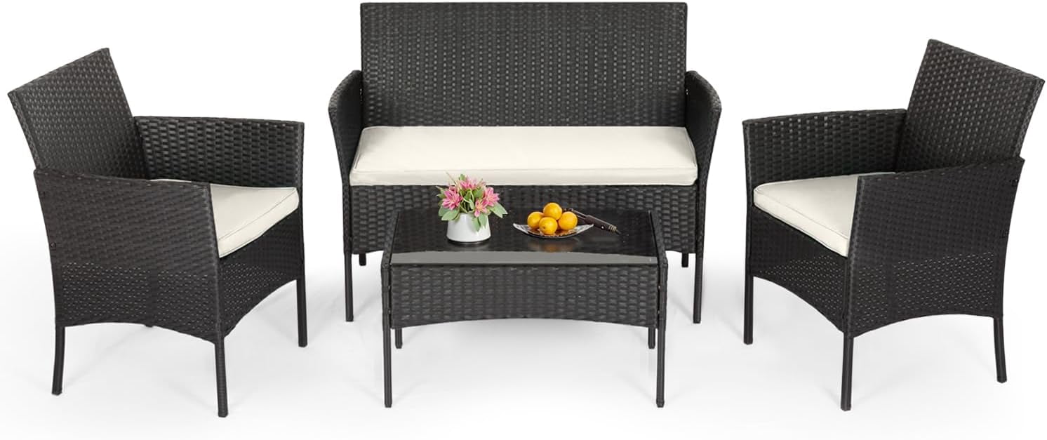 FDW 4-Piece Wicker Patio Furniture Set – Outdoor Rattan Conversation Set, Chairs, Sofa, and Coffee Table – All-Weather Bistro Set for Yard, Black