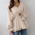 thumbnail image 2 of Long Sleeve Shirt Women Womens Solid Color Drawstring Irregular Long Sleeve Shirt Loose Long Sleeve V-Neck Tops Women's Long Sleeve Tops Long Sleeve Shirts Women, 2 of 5