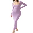 thumbnail image 1 of Robe Longue Moulante pour Femmes Couleur Unie Tricotée Col Carré Manches Longues Robe Printemps Automne Fête Club Robe Moulante, 1 of 5