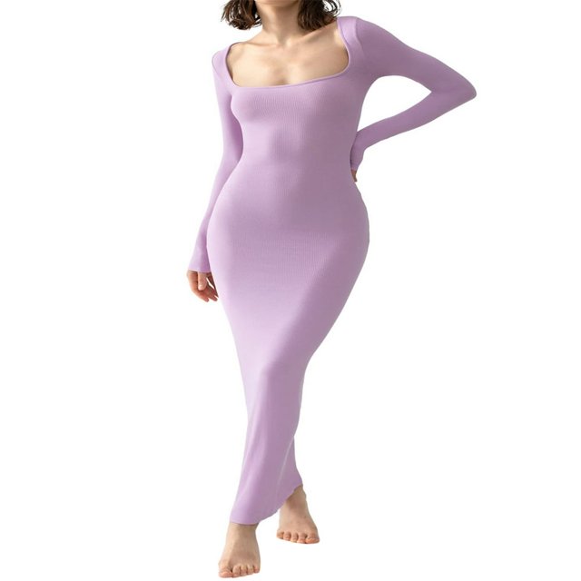 Robe Longue Moulante pour Femmes Couleur Unie Tricotée Col Carré Manches Longues Robe Printemps Automne Fête Club Robe Moulante