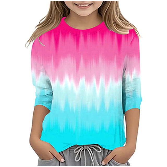 Splozh Chandail à Manches Longues pour Tout-Petit Fille Décontracté Col Rond T-Shirt à Manches Trois Quarts Régulier Basique Haut à Manches 3/4 Rose Vif, 6-7 Ans