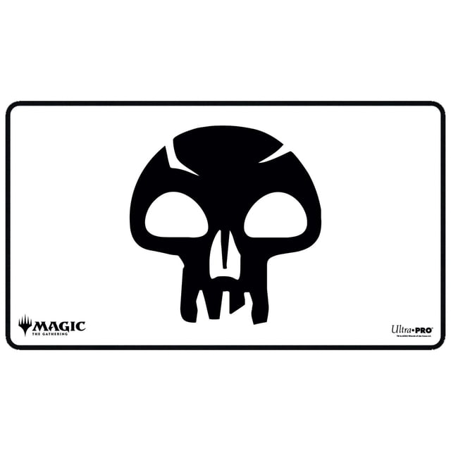 Ultra PRO Mana 8 - Tapis de Jeu à Bord Cousu - Marais pour Magie : le Rassemblement Montrant un Symbole de Crâne de Marais Noir Centré sur un Tapis de Jeu en Tissu à Bord Cousu Blanc avec un Endos en Caoutchouc Antidérapant, Mesurant Environ 24 par 13,5 Pouces, Conçu pour Protéger les Cartes de Jeu et Convient comme Tapis de Souris Surdimensionné.
