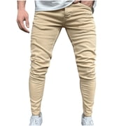 Fengqque Men's Ripped Stretch Slim Fit Destroyed Tapered Leg Jeans Skinny Distressed Denim Pants Yellow L(L)