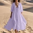 thumbnail image 1 of Pisexur Robes d'Été pour Femmes en Doux Lin-Coton Robes d'Été pour Femmes Décontractées à Col en V Manches 3/4 Robe Maxi Ample Confortable Fluide Robes pour Femmes Couleur Unie à Volants Boho Longues Robes P-2TG Violet, 1 of 5