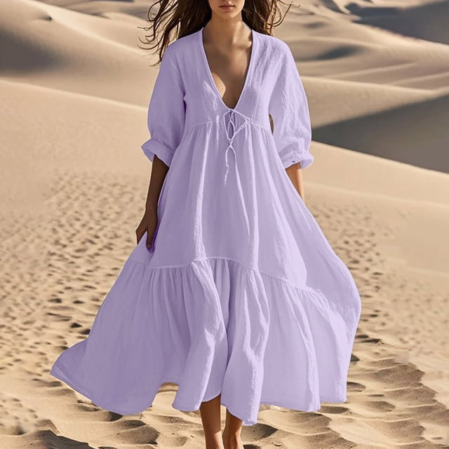 Pisexur Robes d'Été pour Femmes en Doux Lin-Coton Robes d'Été pour Femmes Décontractées à Col en V Manches 3/4 Robe Maxi Ample Confortable Fluide Robes pour Femmes Couleur Unie à Volants Boho Longues Robes P-2TG Violet
