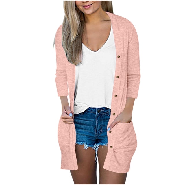 Womens Soft Button Down Cardigan Long Sleeve Light Weight Shirts Jacket Comfy Loose Fall Lounge Wear Tops Pink, M