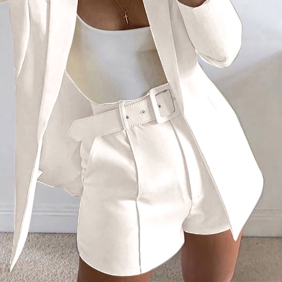 LOVZFMLL Women's Solid Suit Pant With Pockets Waisted Shorts With Belt White M