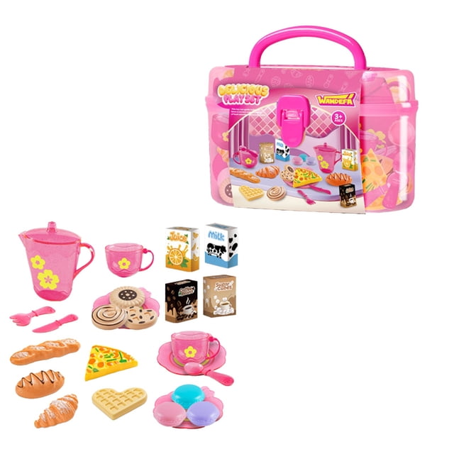 Pink 25 Piece Kids Tea Set Toy Kitchen Utensils Play Food Set Pretend Play Toy High Tea Dessert Set Storage Box Included 11.8X7.9X3.9 Inches