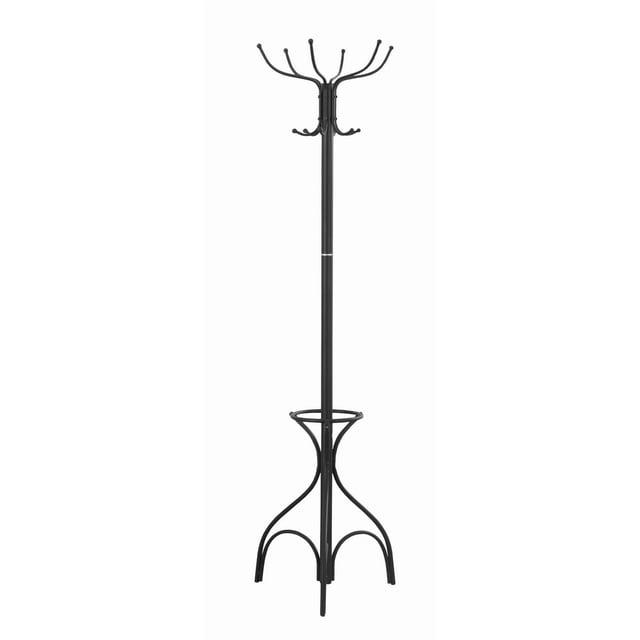 Monarch Specialties Coat Rack, Hall Tree, Free Standing, 12 Hooks, Entryway, 70"h, Umbrella Holder, Bedroom, Metal, Black, transitional black metal coat rack with 12 hooks for coats, hats, and scarves, a circular umbrella holder ring near the base, and four curved legs for stability, suitable for organizing entryways or bedrooms.