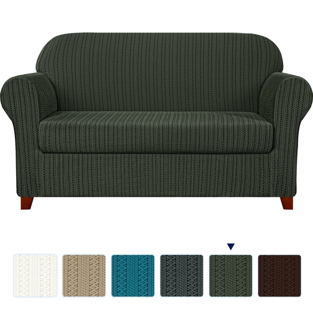 Subrtex Housse de Sofa Jacquard Extensible à Rayures en 2 Pcs de Couleur Vert Foncé, Présentant un design Jacquard Texturé à Rayures. la Housse Comprend une Housse de base et une Housse de Coussin, Fabriquée à Partir de 85 % polyester et 15 % Élasthanne pour une Haute Élasticité et Durabilité. Conçue pour s'Adapter aux sofas de 72-92 Pouces de Large, Elle Offre une protection Tout Autour contre les Déversements, les Taches et les Égratignures d'Animaux. les Bandes Élastiques Cousues Assurent un Ajustement Sécuritaire, et la Housse