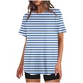 thumbnail image 1 of Mikilon Ensemble Élégant pour Femmes 2 Pcs Mode Décontractée Rayé Imprimé Col Rond Épaule Tombante Short Ensemble Deux Pièces Bleu-A S, 1 of 4