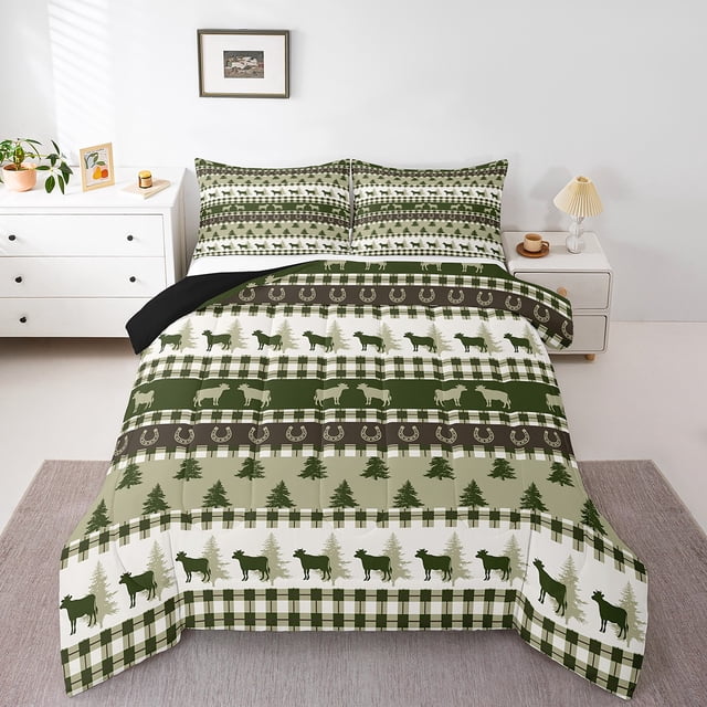 Highland Cow Bedding Set Full,Boho Vintage Tribal Cattle Buff Down Comforter,Farmhouse Animal Duvet Insert,Geometric Pine Tree Botanical Comforter Set with 2 Pillowcases All Season