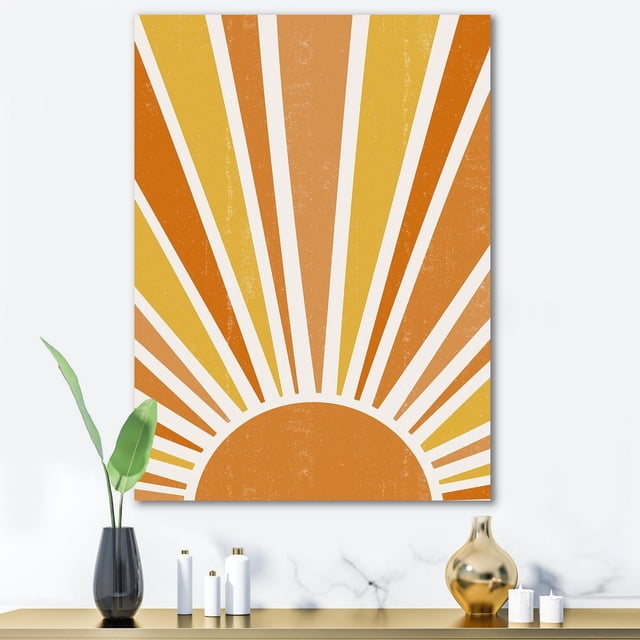 Designart Minimalist Bright Shining Orange Sun Rays II Canvas Wall Art featuring an abstract half sun with radiating orange and yellow rays on gallery-wrapped premium cotton canvas, ready to hang and ideal for enhancing modern home décor.
