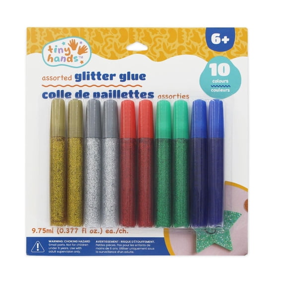 TINY HANDS Assorted Glitter Glue, 10 Colours, 9.75 mL (0.37 oz) each, Age 6+, Kids Craft, 10 pcs