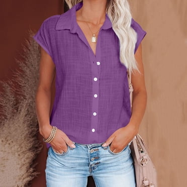 Chemises Boutonnées pour Femmes, Mode Femmes Nouveau Style Chemises en Coton et Lin de Couleur Unie Col en V Manches Courtes Blouses Été Décontractées Hauts pour Dames