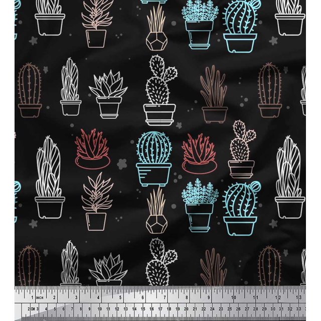 Soimoi Silk Fabric Dot & Cactus Tree Print Sewing Fabric Yard 42 Inch Wide