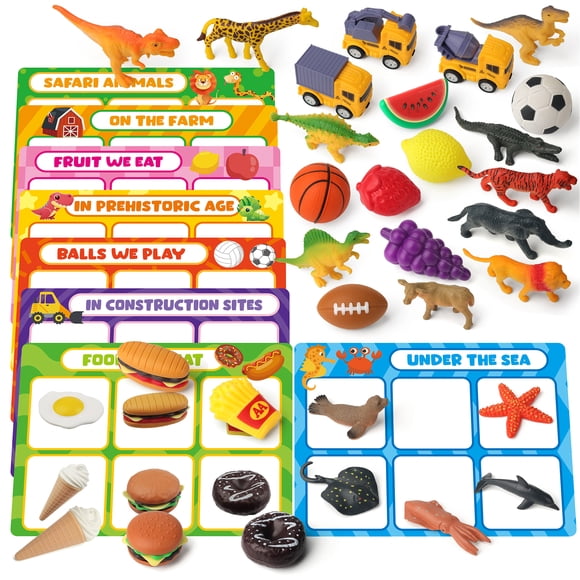 Coogam Fine Motor Montessori Toy, Color Shape Recognition Sorting Playset, Double-Sided Clasify Matching Cards with Dinosaur&Vehicle&Farm-Educational Learning Game for Kids 2 3 4 Year Old