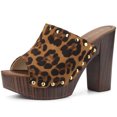 thumbnail image 1 of BLISSFUL STEP Chaussures pour Femmes à Plateforme à Talons Épais à Bout Ouvert à Rivets en Faux Suède Sandales à Enfiler Léopard 9.5, 1 of 1