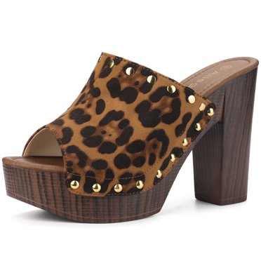 BLISSFUL STEP Women's Shoes Platform Chunky Heels Open Toe Rivet Faux Suede Slides Sandals Leopard 9.5