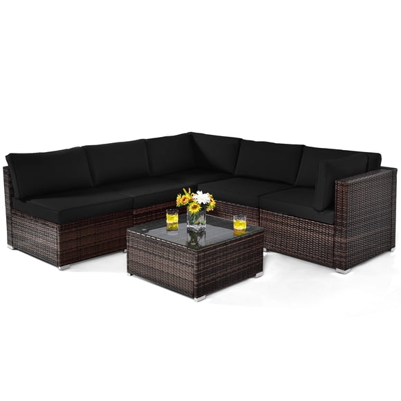Patiojoy Ensemble de Conversation Sectionnel de Patio en Osier 6 Pcs avec Table à Café et Coussins de Siège Noir