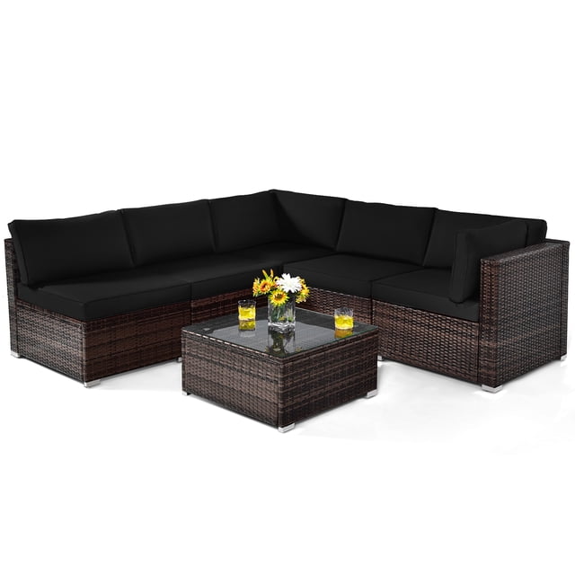Patiojoy 6PCS Wicker Patio Sectional Conversation Furniture Set with mix brown PE rattan wicker and black cushions. Includes 2 armless sofas, 2 corner sofas, and a coffee table with a tempered glass top. Modular design allows free combination, and features include ergonomic seating, removable cushion covers, aluminum foot pads, and easy assembly. Ideal for outdoor entertaining and hosting.