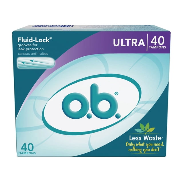 o.b. Original Non-Applicator Tampons Ultra Absorbancy box containing 40 tampons with Fluid-Lock grooves for leak protection, designed to expand and fit uniquely, featuring eco-friendly Less Waste branding in teal and purple packaging.