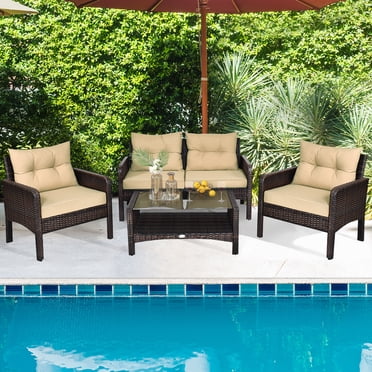Gymax 4PCS Rattan Patio Conversation Set Cushioned Outdoor Furniture Set