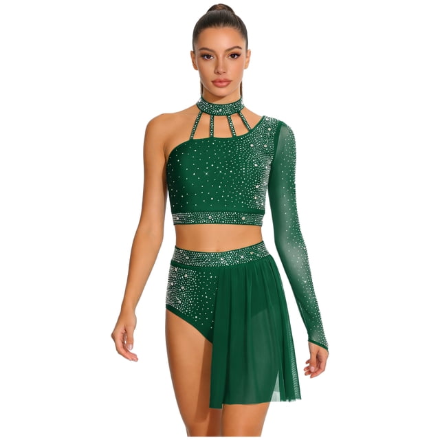 Runhomal Haut Court Deux Pièces pour Femme avec Strass Lyriques et Short Tenue de Danse Moderne Vert Foncé S
