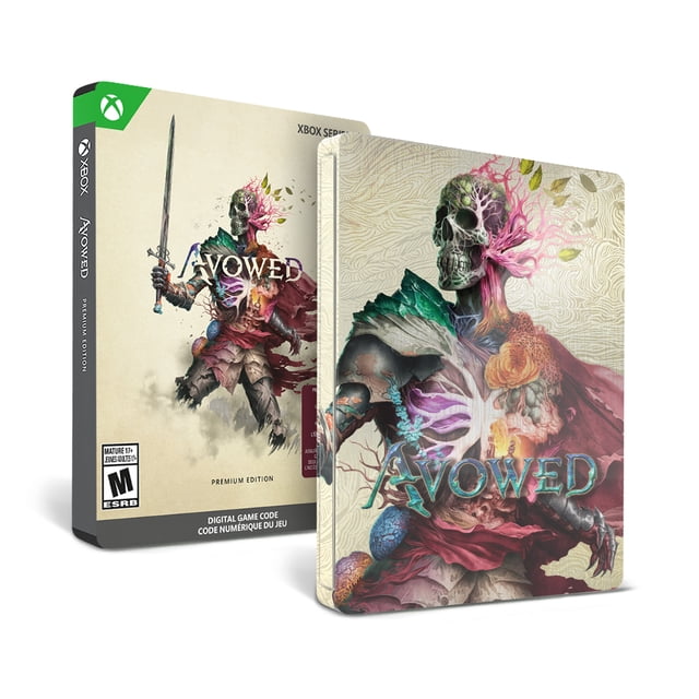 Avowed – Édition Premium de SteelBook pour Xbox Series X/S et Windows Présentant une Illustration Fantastique Détaillée d'Un Guerrier Squelettique avec des Côtes Exposées, des Organes Internes Colorés et une cape Rouge Fluide Tenant une Épée, avec le Titre du Jeu en Sarcelle sur un Fond Texturé beige.