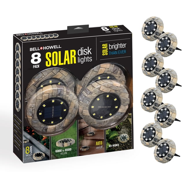 Bell + Howell 8 Lumières Disques Rondes en Pierre à Énergie Solaire - Lot de 8 Illustré avec l'Emballage et des Lumières Individuelles. Ces Luminaires Paysagers Présentent un design en Pierre Ronde avec des Panneaux Solaires et un Éclairage DEL Lumineux. des Piquets Sont Inclus pour une installation Sans Effort sur les Escaliers, les Entrées, les Jardins et les patios. le Capteur du Crépuscule à l'Aube Assure un Fonctionnement Automatique, Offrant jusqu'à 10 Heures d'Éclairage Résistant aux Intempéries après une Recharge Complète.