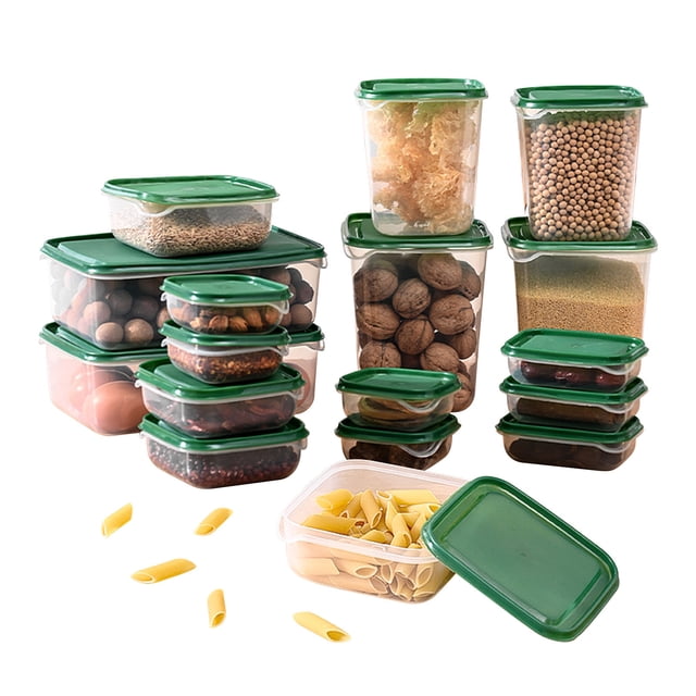 Dvkptbk 17 Piece Set Airtight Cereal Storage Container with Lids, featuring clear plastic containers with green lids in various sizes. The set includes containers filled with grains, nuts, pasta, and other dry goods, showcasing their airtight and stackable design. Ideal for kitchen organization and food storage.