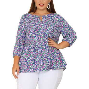 Agnes Orinda Women's Plus Size Tops Babydoll Ruffle Peplum Keyhole 3/4 Sleeves Floral Blouses 2X Blue