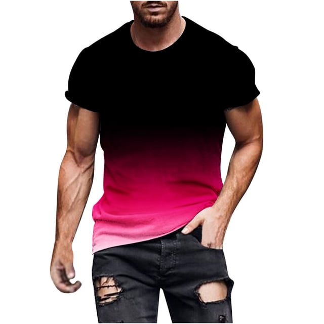 Penkiiy T-Shirt Ajusté pour Homme, Col Rond Décontracté, T-Shirt Ombré, Été, Manches Courtes, Hauts Dégradés, Stylé, Entraînement, Muscle, Chandails de Base, 2TG, Rouge Melon D\'eau