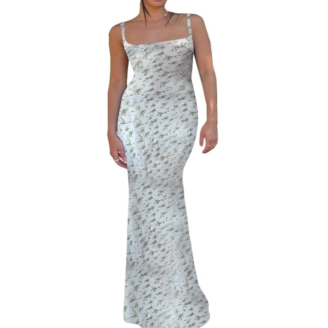 Robe Longue Maxi Sans Manches à Bretelles Spaghetti Découpée à Imprimé Floral pour Femmes