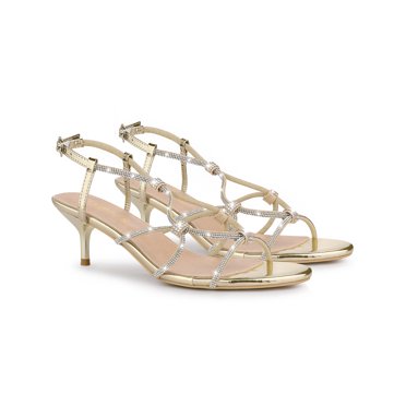 BLISSFUL STEP Women's Shoes Rhinestone Strap Slingback Kitten Heel Sandals Gold 6.5