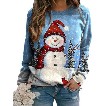 Nouveaux Hauts Style Automne Femmes Noël Bonhomme de Neige Imprimé Style Ample Col Rond T-shirt à Manches Longues Chandail Décontracté Hauts pour Dames
