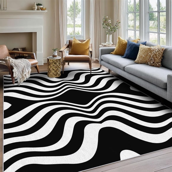 Tapis Modernes Abstraits pour Aire, Motif d'Art Noir et Blanc, Tapis Lavable Antidérapant à Poil Ras et Doux pour Décoration de Salon et de Chambre 5x8ft