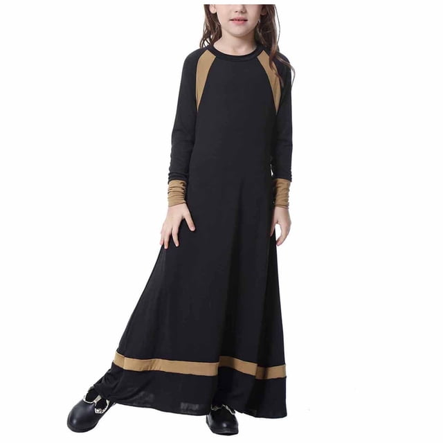 Birdeem Robe Longue Musulmane pour Filles Moyennes et Grandes, Manches Longues, Col en V, Robe à Blocs de Couleur