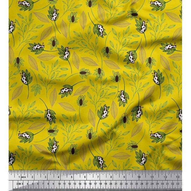 Soimoi Rayon Fabric Leaves & Insect Print Fabric by Yard 42 Inch Wide