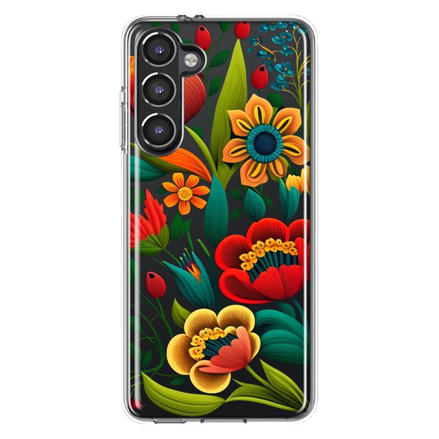 MUNDAZE Samsung Galaxy S23 Plus Étui de Téléphone Hybride Transparent Antichoc Protecteur Coloré Rouge Orange Style Folklorique Floral Fleurs de Printemps Étui