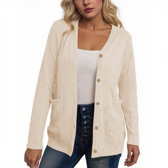 HAiming Womens Knit Cardigan Long Sleeve Button down V Neck Solid Color Lightweight Sweaters with Pockets