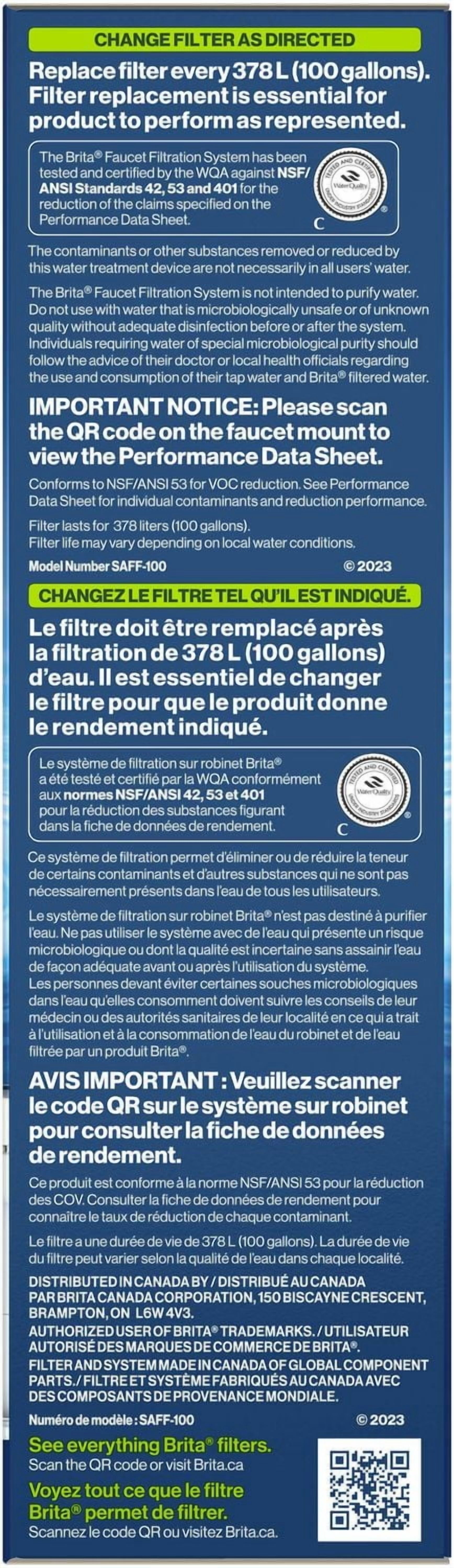 Système de filtration d’eau sur robinet Brita avec indicateur de changement de filtre, réduit la teneur en plomb, fabriqué sans BPA, compatible avec les robinets standards seulement, modèle de base bl