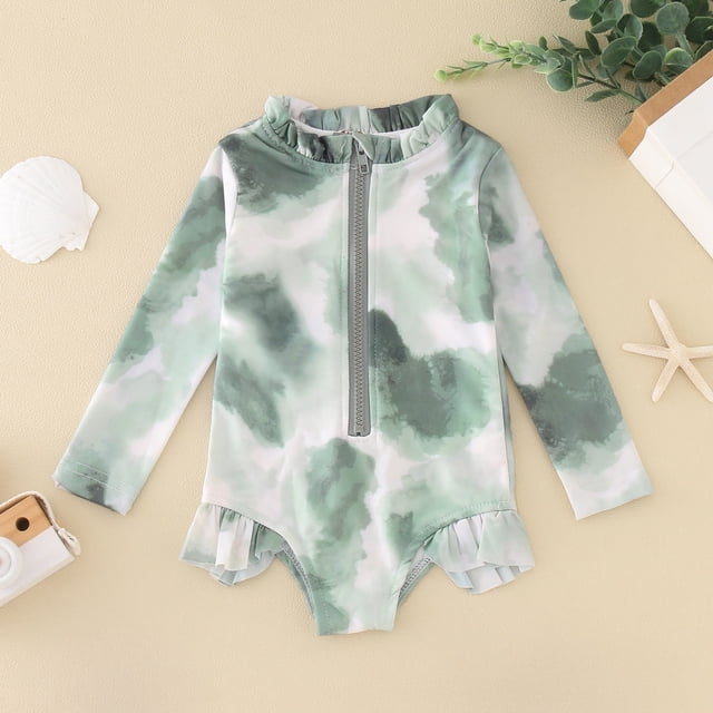 Girls Rash Guard Swimwear Striped Ruffle Sun Protection Long Sleeve Toddler Girl Bathing Suit 3-4 Years