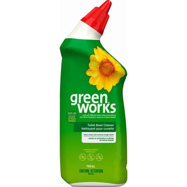 Green Works™ Nettoyant pour Cuvette de Toilette Bouteille de 709 ml avec Corps Vert et Capuchon Incliné Rouge, Présentant un Grand Tournesol Jaune. l'Étiquette Note Qu'il Est Sécuritaire pour Fosse Septique, Fait avec 98 % d'Ingrédients d'Origine Végétale, Élimine la Rouille, les Minéraux et les Taches d'Eau Dure, et Est Sans Parabènes, Javellisant Ni Ammoniaque.