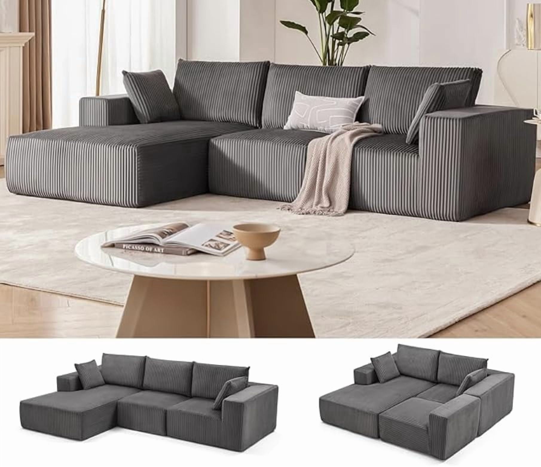 108" Modular Sectional Sofa, Cloud Sectional Couch with L-Shape Chaise, Modern Modular Deep Seat Sofa Couch, Upholstered Boneless Couches for Living Room Bedroom, Left Facing Chaise, Grey