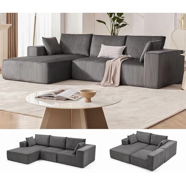 108" Modular Sectional Sofa, Cloud Sectional Couch with L-Shape Chaise, Modern Modular Deep Seat Sofa Couch, Upholstered Boneless Couches for Living Room Bedroom, Left Facing Chaise, Grey