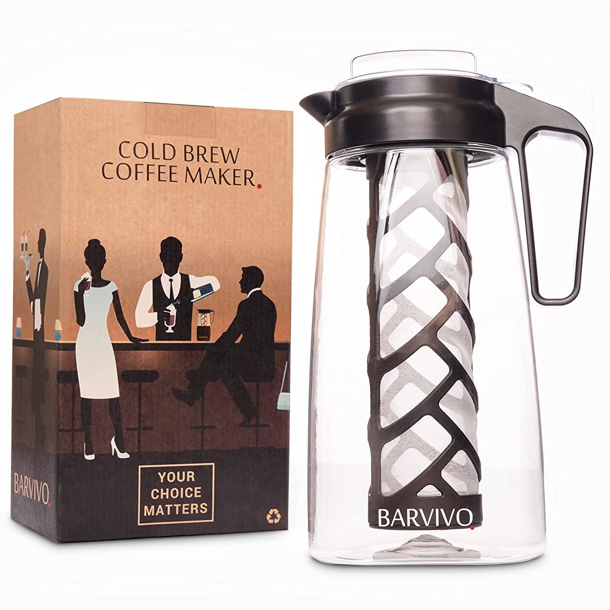 Barvivo Cold Brew Coffee Maker - Iced Coffee Maker Cold Brew Pitcher to Blend Roast and Brew the Perfect Morning Coffee - 67.63oz / 2.11quart / 2L - BPA-Free Plastic